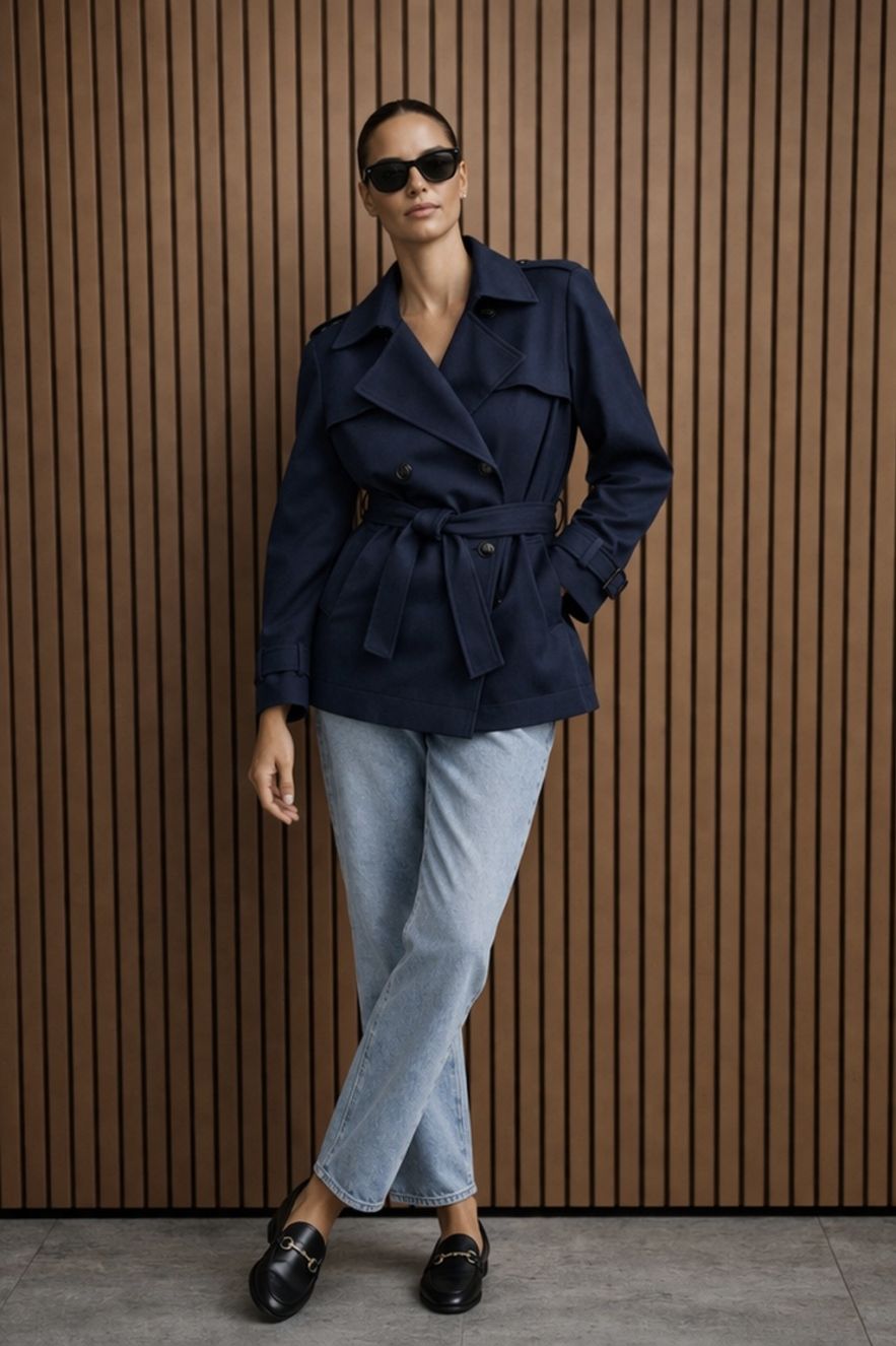 Granatowa Bawełniana kurtka płaszczyk z paskiem ciemny granat z guzikami i pagonami i z wiskozową podszewką