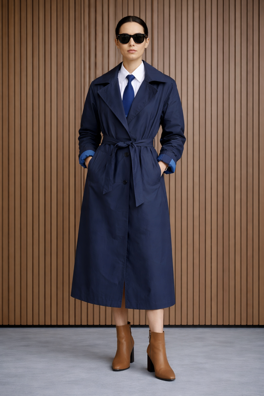 Granatowy trencz z błękitną podszewką bawełna 