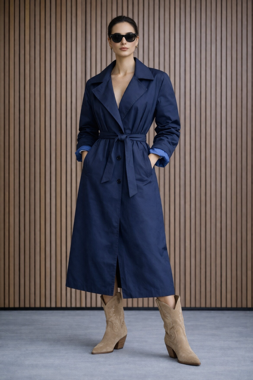 Granatowy trencz z błękitną podszewką bawełna 