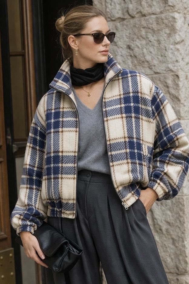 wełniana kurtka w kratę niebiesko-beżową bomberka uniseks z wiskozową podszewką z metalowym suwakiem The Night Black Wełna 100%