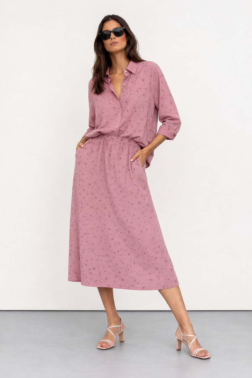 Bawełniany ażurowy różowy komplet koszula i spódnica