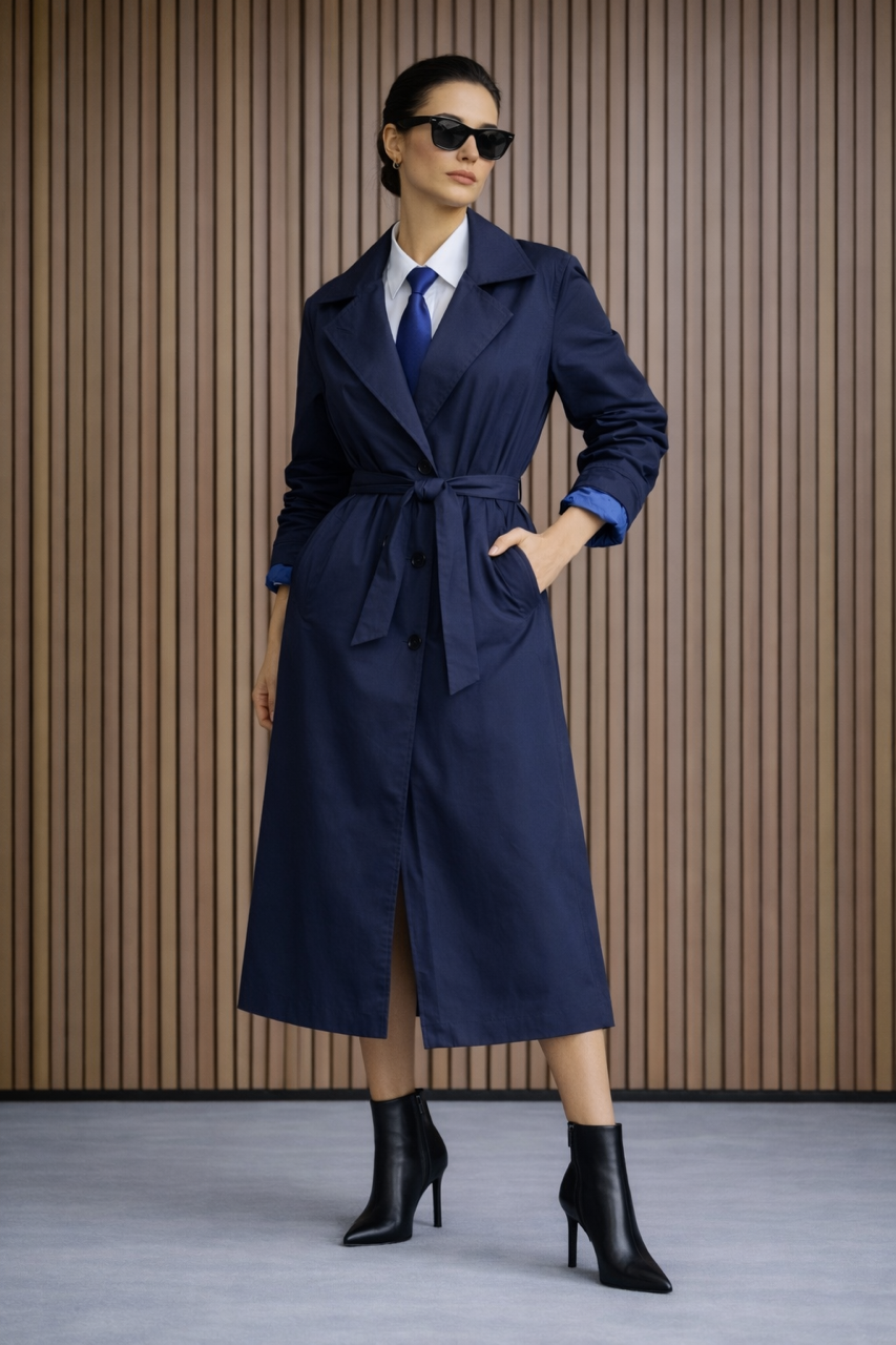 Granatowy trencz z błękitną podszewką bawełna 