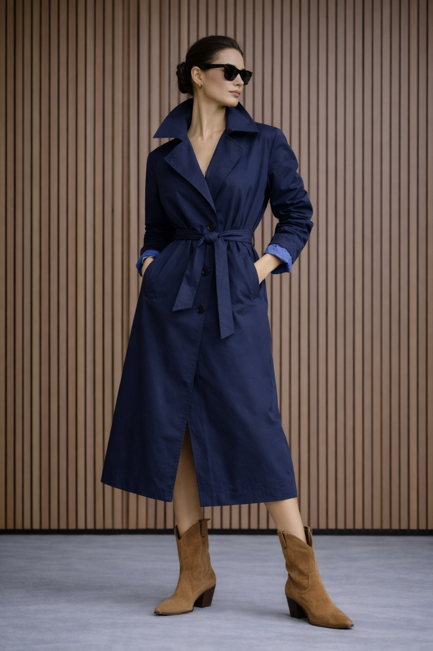 Granatowy trencz z błękitną podszewką bawełna 