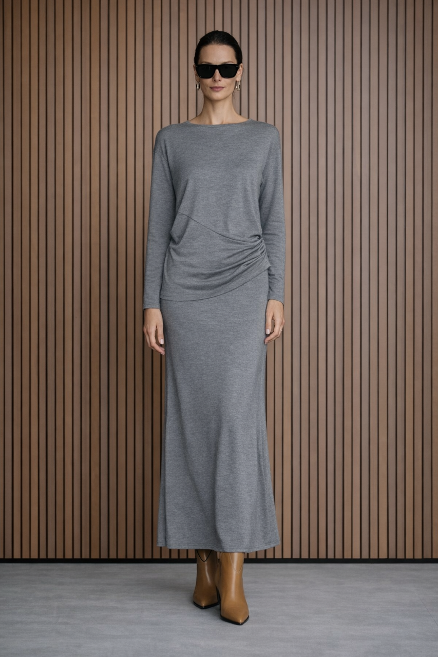 Dzianinowa bawełniana szara spódnica długa maxi z kieszeniami