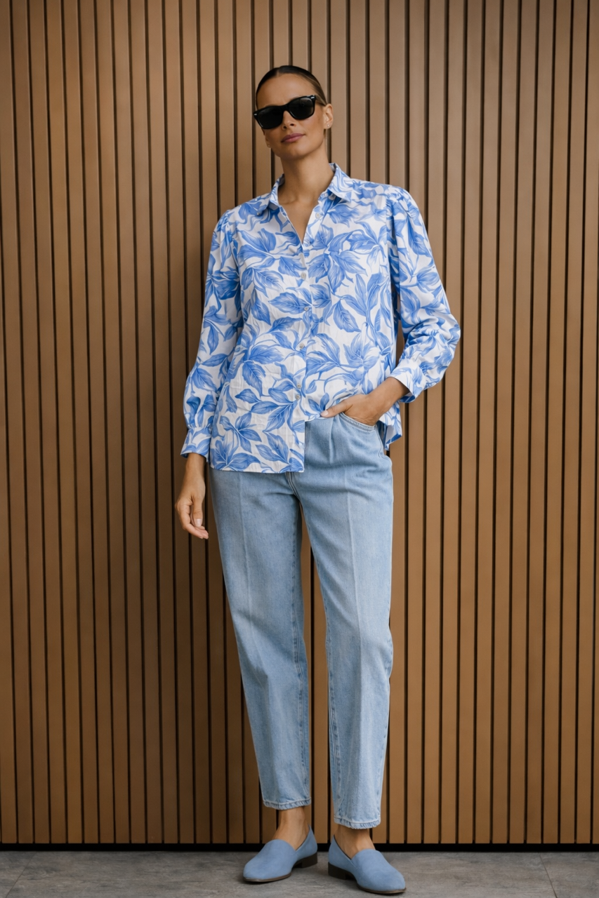 Koszula damska w niebiesko biały print kwiatowy 