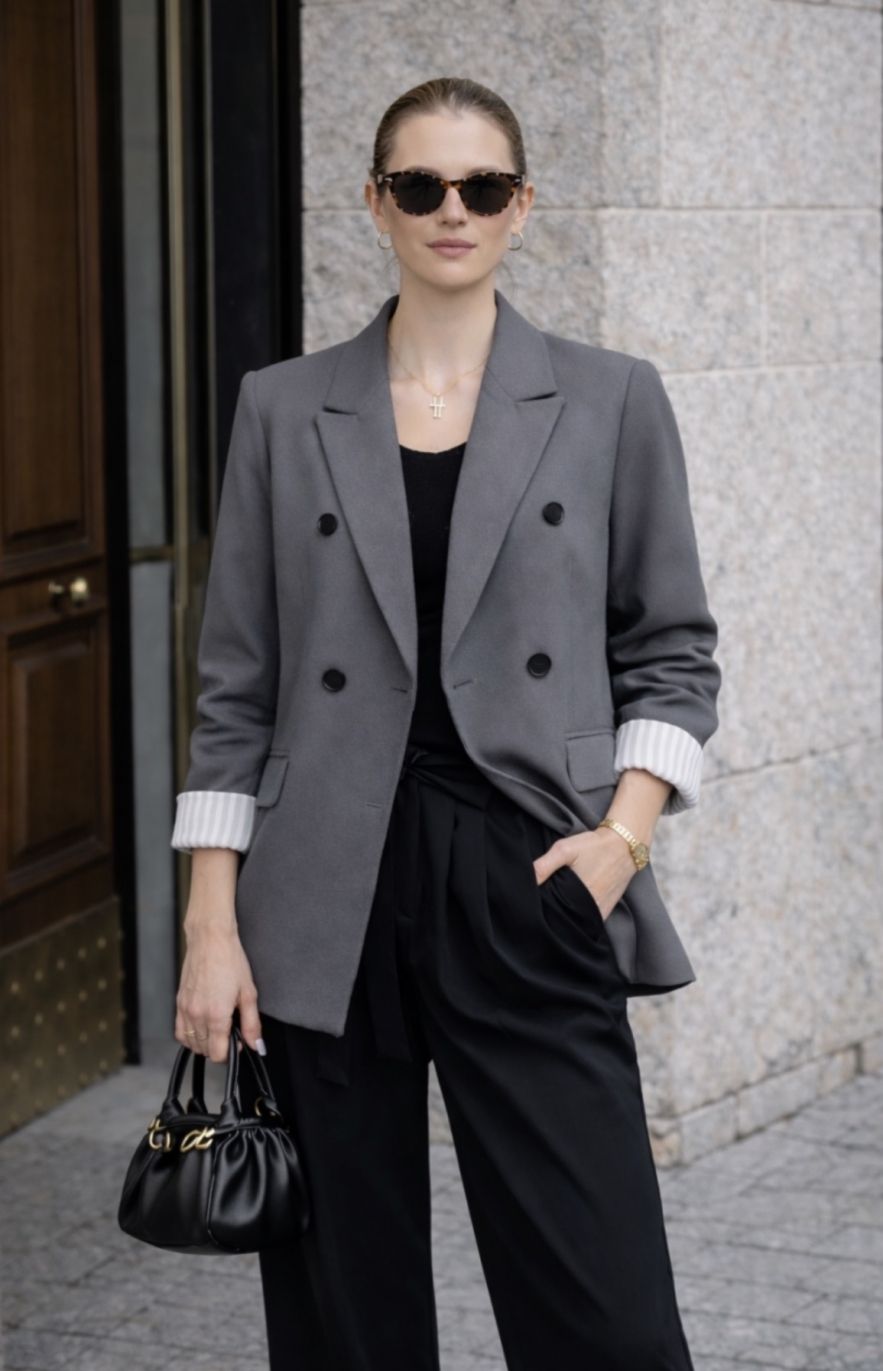 Szary marynarko płaszcz bawełniany z białą podszewką w paski 100% bawełna