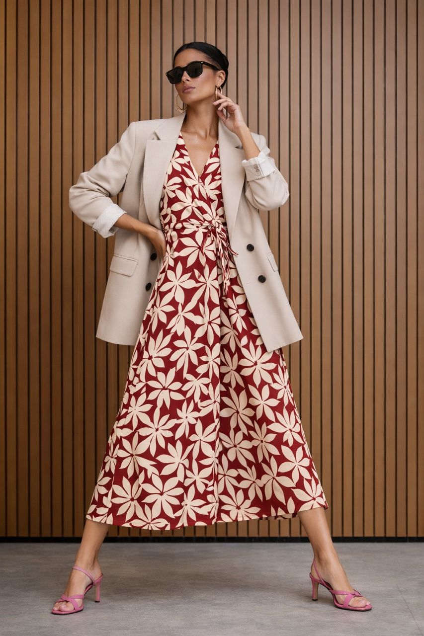 Wiskozowa sukienka kopertowa MAXI na krótki rękaw burgundowo ceglasta w białe kwiaty