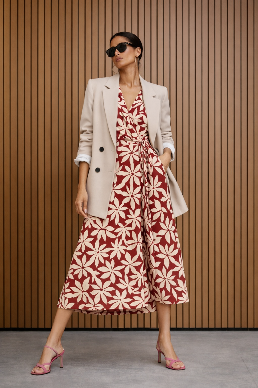 Wiskozowa sukienka kopertowa MAXI na krótki rękaw burgundowo ceglasta w białe kwiaty