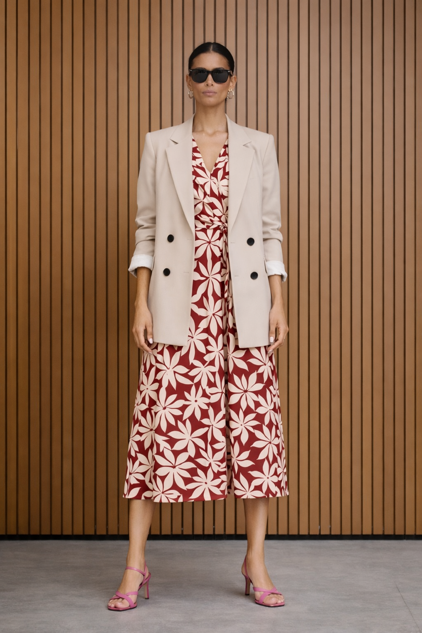 Wiskozowa sukienka kopertowa MAXI na krótki rękaw burgundowo ceglasta w białe kwiaty