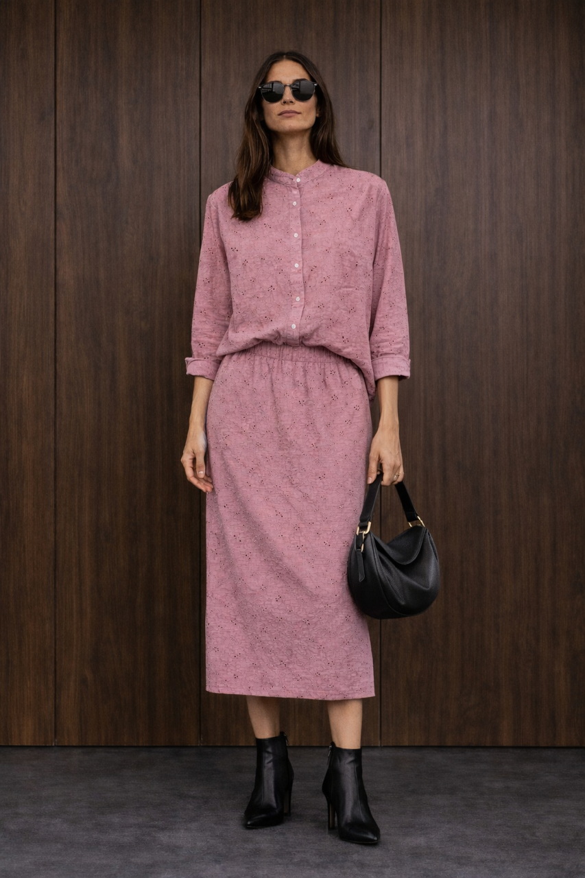 Bawełniany ażurowy różowy komplet koszula ze stójką, bez kołnierzyka i spódnica