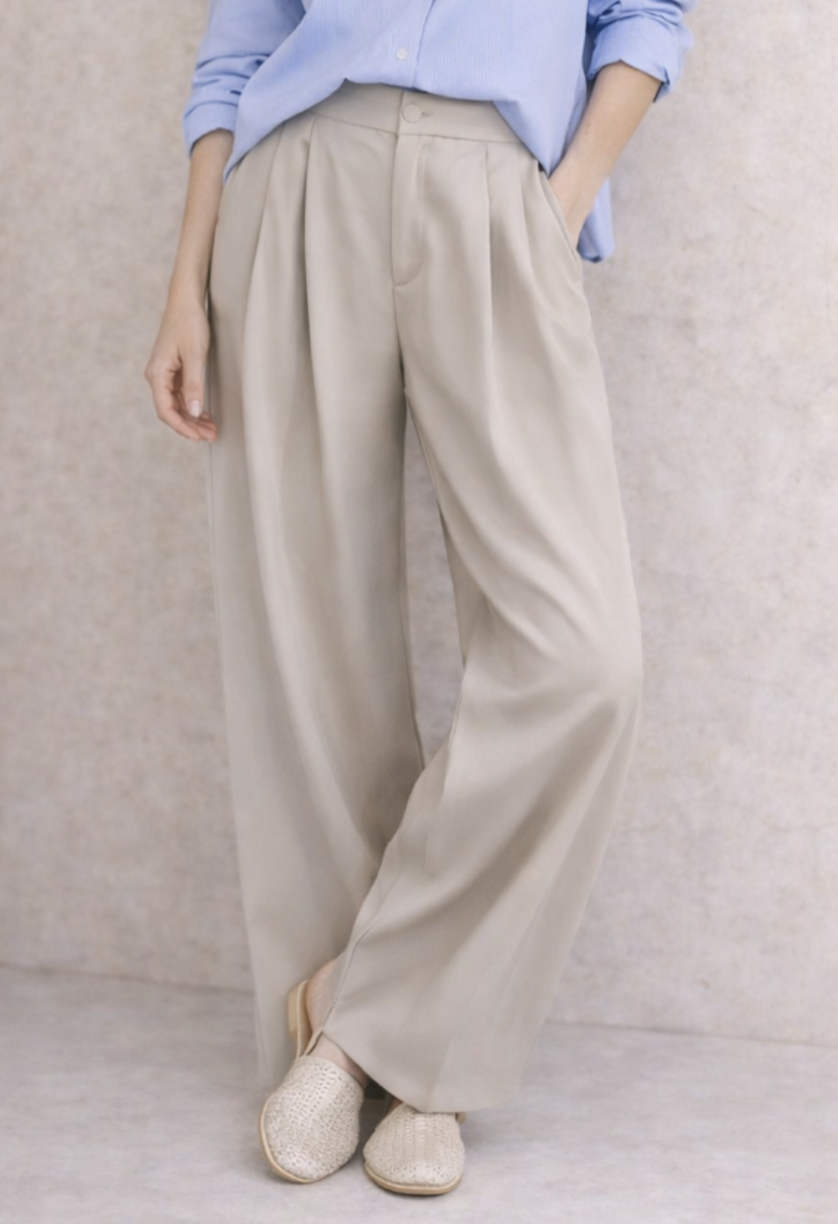 Bawełniano wiskozowe beżowe spodnie szerokie palazzo kuloty off white szary beż z suwakiem