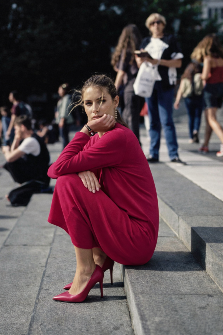 Bawełniana Czerwono Bordowo Wiśniowa dłuższa midi dresowa wygodna sukienka BASIC z paskiem i dekoltem w serek V