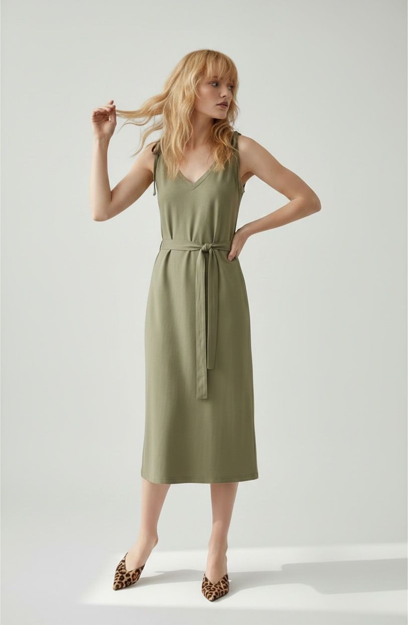 Shop the look Marynarko płaszczyk brąz z podszewką w paski i bawełniana zielona sukienka na ramiączka 