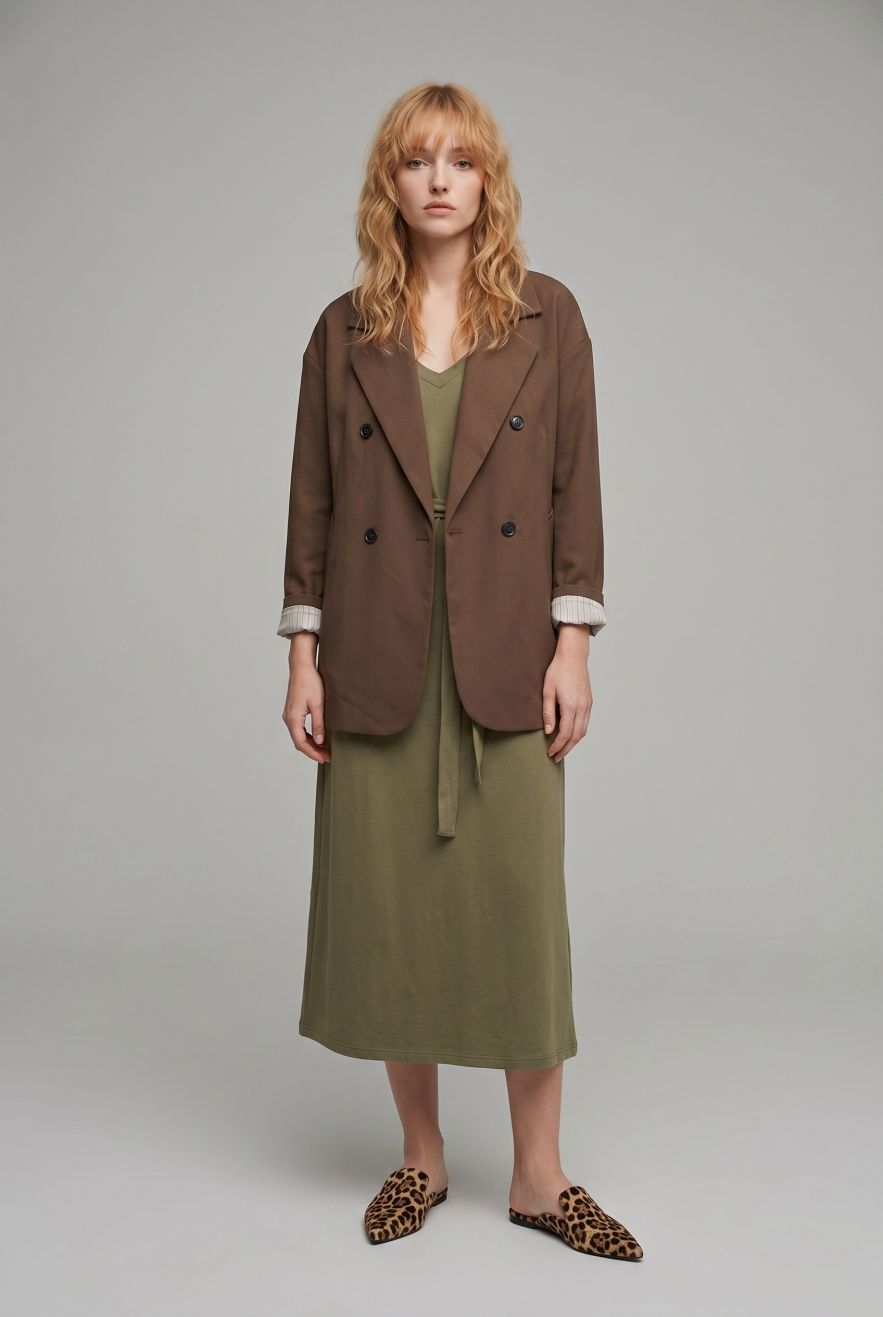 Shop the look Marynarko płaszczyk brąz z podszewką w paski i bawełniana zielona sukienka na ramiączka 