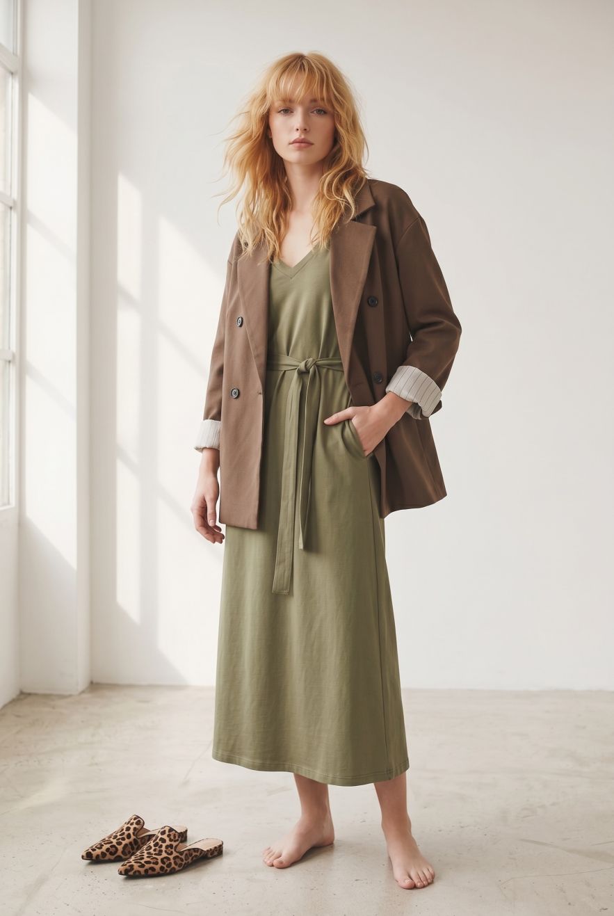 Shop the look Marynarko płaszczyk brąz z podszewką w paski i bawełniana zielona sukienka na ramiączka 