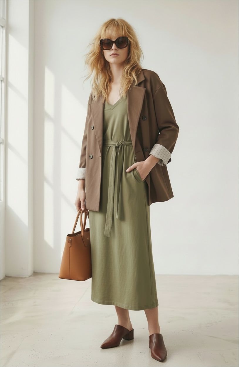 Shop the look Marynarko płaszczyk brąz z podszewką w paski i bawełniana zielona sukienka na ramiączka 