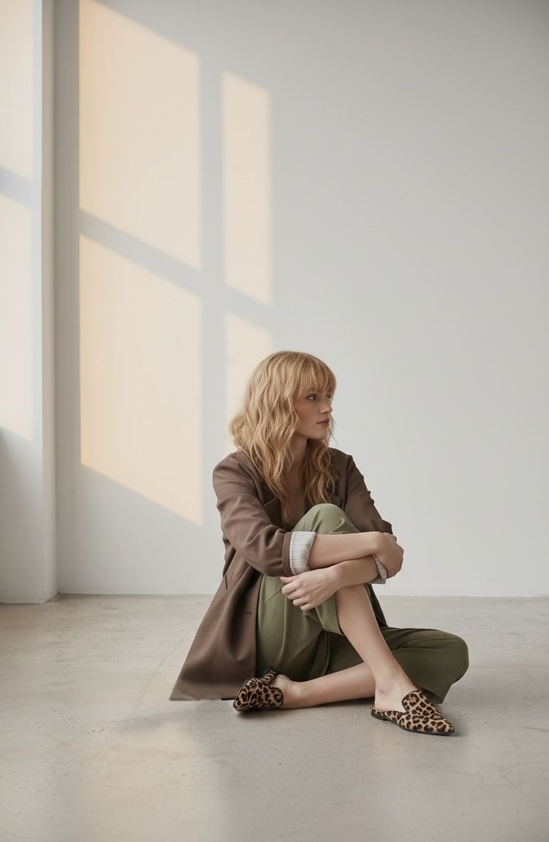 Shop the look Marynarko płaszczyk brąz z podszewką w paski i bawełniana zielona sukienka na ramiączka 