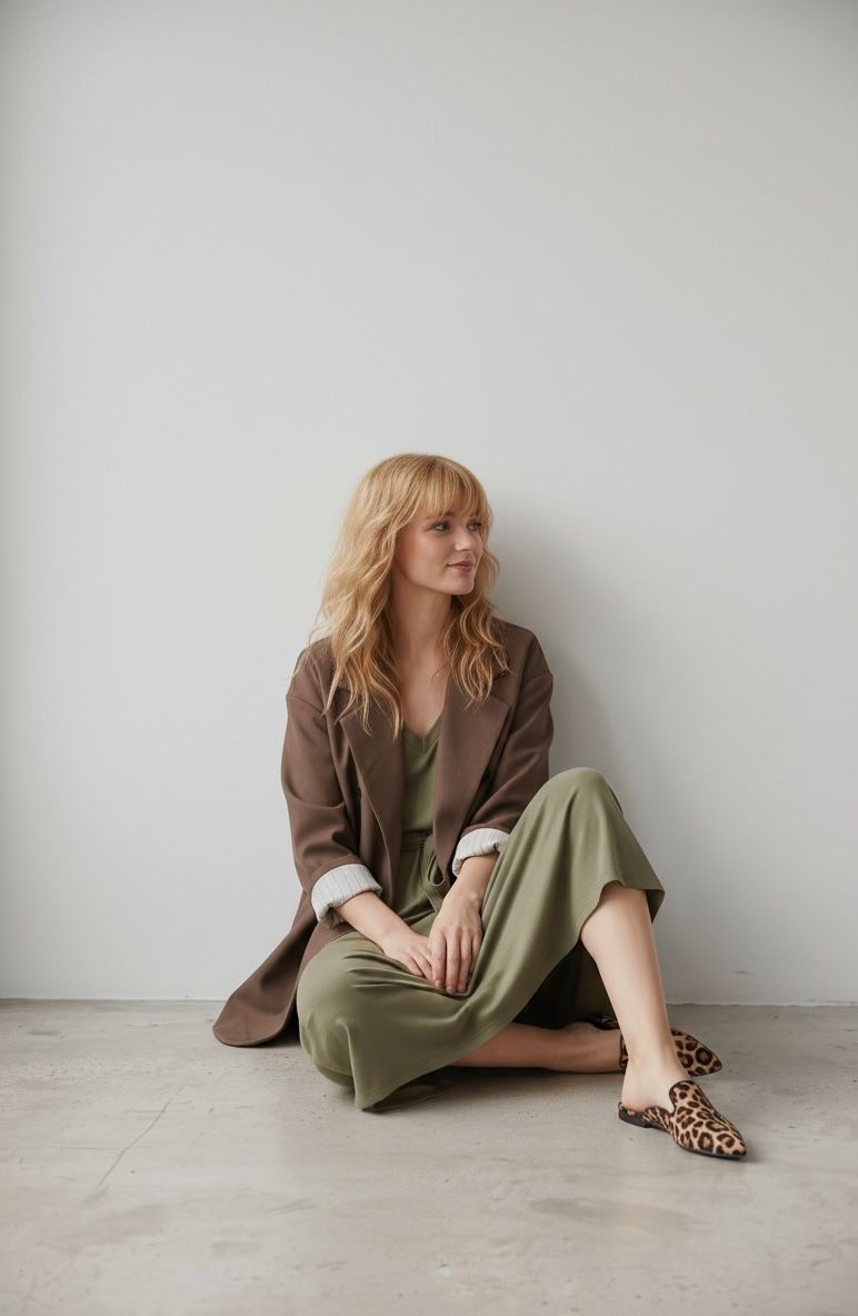 Shop the look Marynarko płaszczyk brąz z podszewką w paski i bawełniana zielona sukienka na ramiączka 