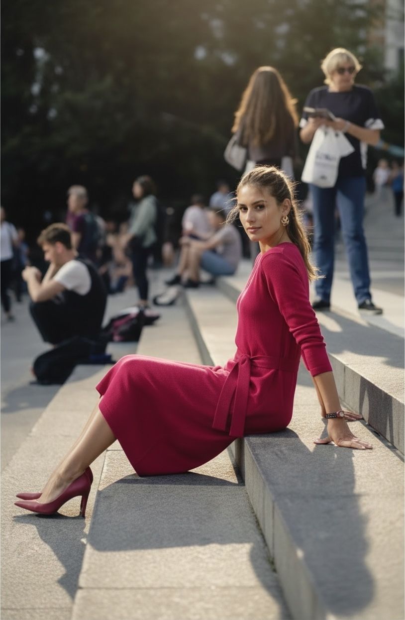 Bawełniana Czerwono Bordowo Wiśniowa dłuższa midi dresowa wygodna sukienka BASIC z paskiem i dekoltem w serek V