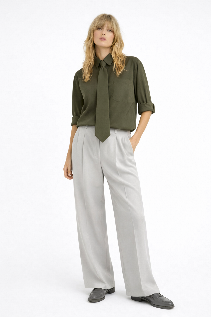 Koszula khaki oversize My Style jedwab/wiskoza z krawatem - komplet