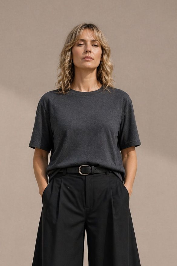 2 Bluzki w 1 - z dekoltem V lub okrągłym - zmienna - dwustronny uniwersalny t-shirt bawełniany z dekoltem V lub dekoltem okrągłym szary grafit melanż