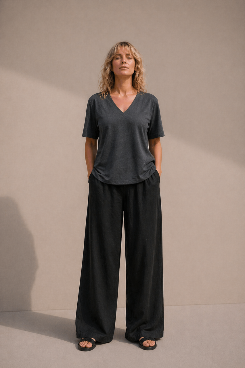 2 Bluzki w 1 - z dekoltem V lub okrągłym - zmienna - dwustronny uniwersalny t-shirt bawełniany z dekoltem V lub dekoltem okrągłym szary grafit melanż