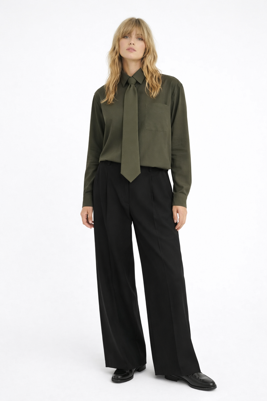 Koszula khaki oversize My Style jedwab/wiskoza z krawatem - komplet