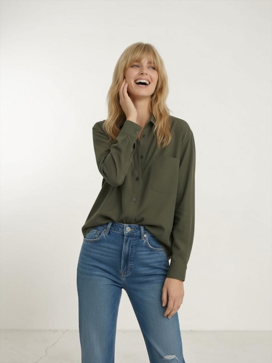 Koszula khaki oversize My Style jedwab/wiskoza z krawatem - komplet