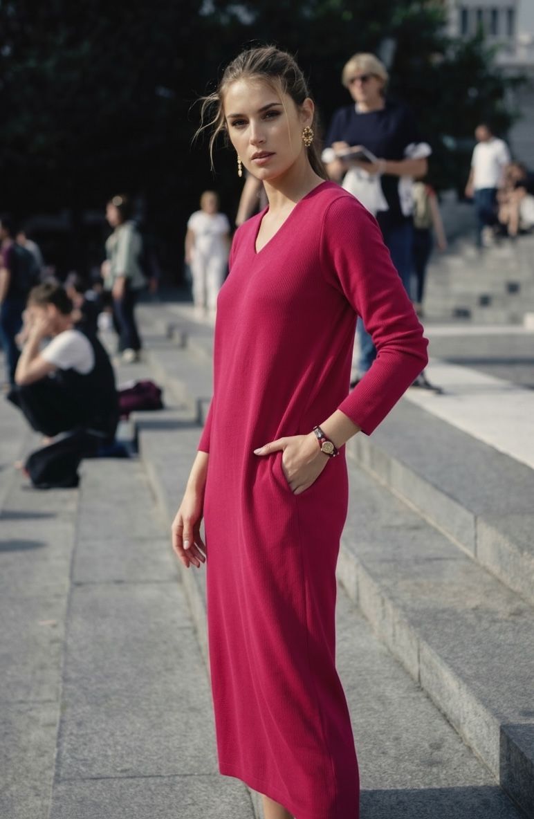 Bawełniana Czerwono Bordowo Wiśniowa dłuższa midi dresowa wygodna sukienka BASIC z paskiem i dekoltem w serek V