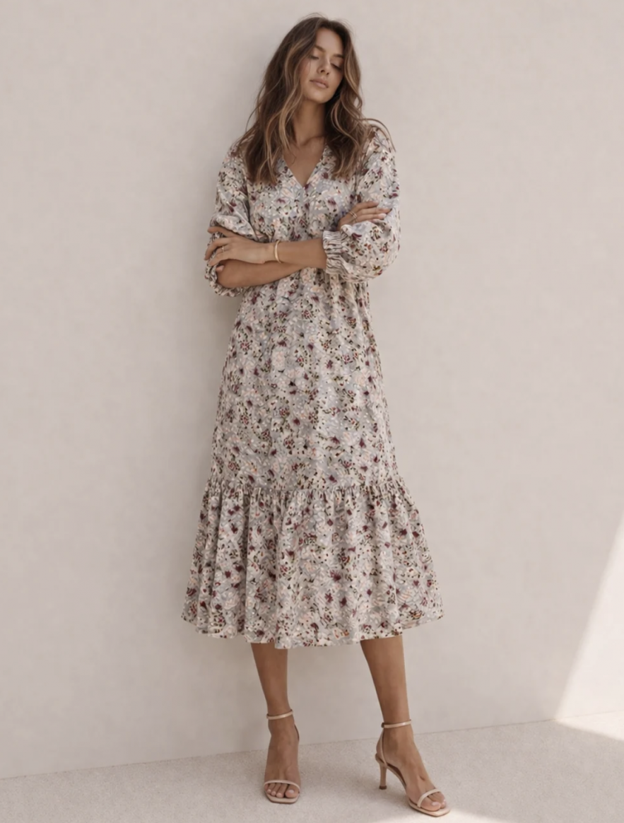 Wiskozowa sukienka szaro niebieska w łagodny łączkowy wzór CELEBRATION z falbaną i paskiem