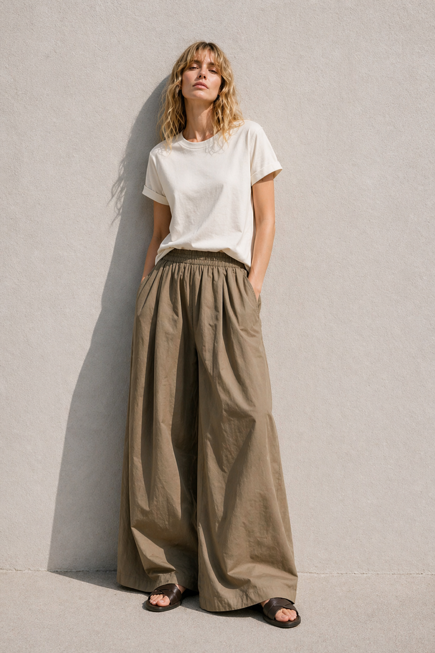 Szerokie luźne spodnie spódnico spodnie bawełniane camelowo beżowe popelinowe