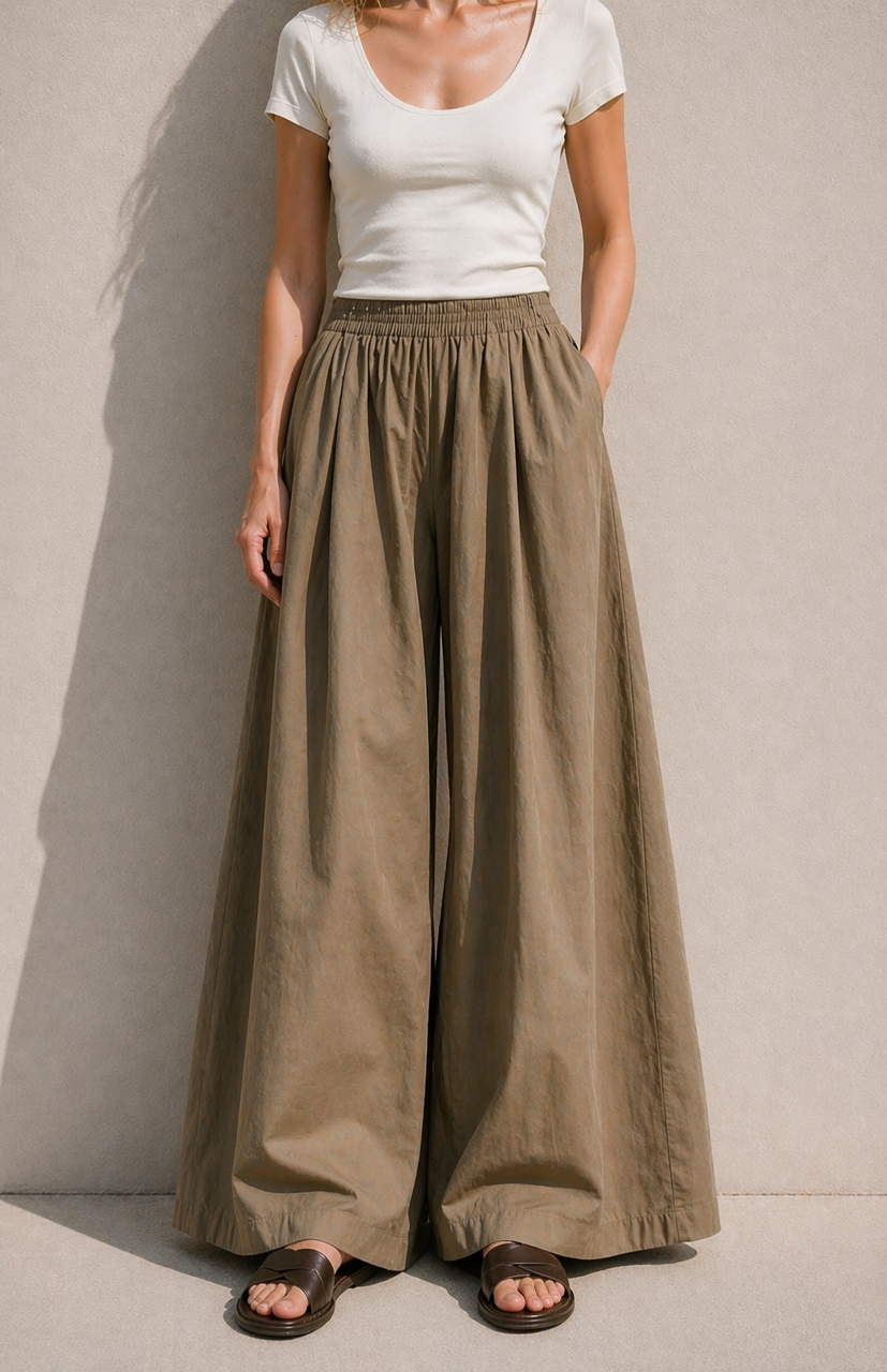 Szerokie luźne spodnie spódnico spodnie bawełniane camelowo beżowe popelinowe