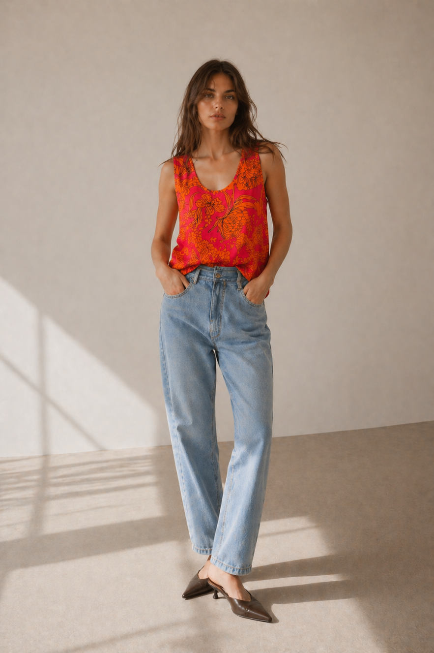 Kolorowy pomarańczowo różowy wiskozowy top bluzka samodzielny lub pod marynarkę