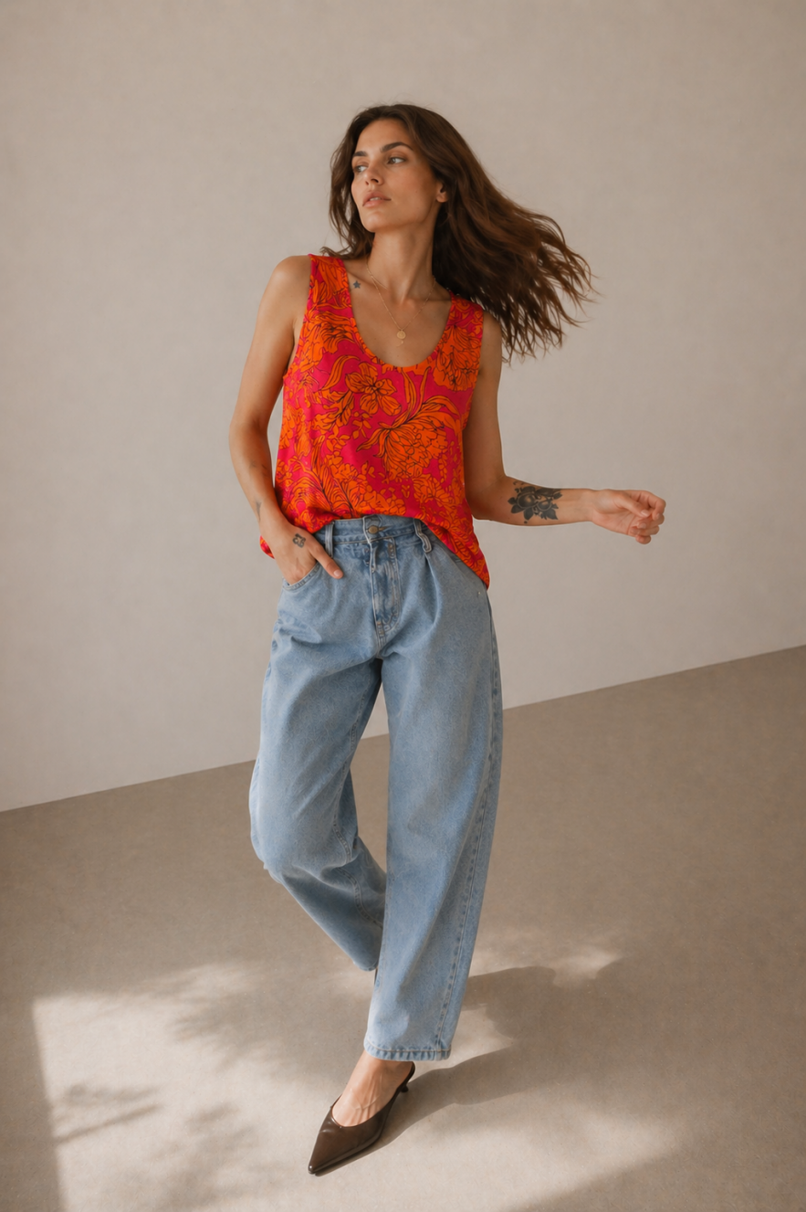 Kolorowy pomarańczowo różowy wiskozowy top bluzka samodzielny lub pod marynarkę