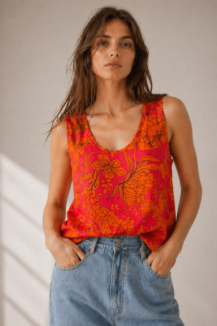 Kolorowy pomarańczowo różowy wiskozowy top bluzka samodzielny lub pod marynarkę