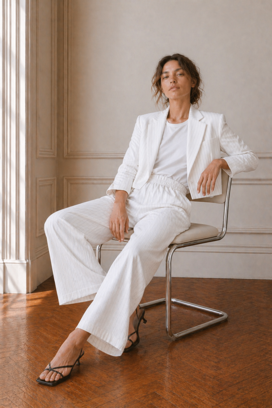 SHOP THE LOOK 6 - garnitur bawełna ecru ciepła biel w delikatne prążki - wersja z krótką marynarką