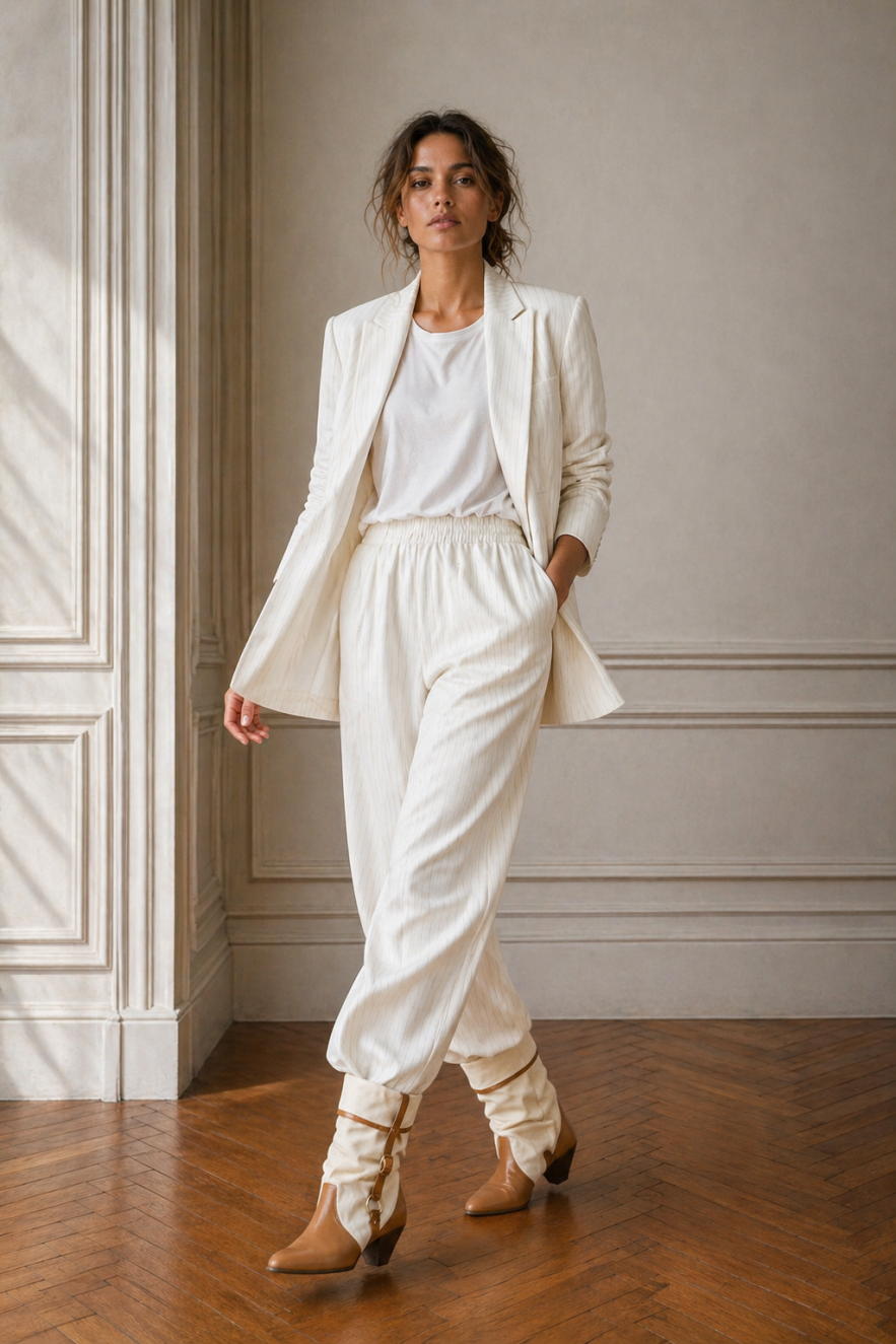 SHOP THE LOOK 7 - garnitur bawełna ecru ciepła biel w delikatne prążki - wersja z długą marynarką 