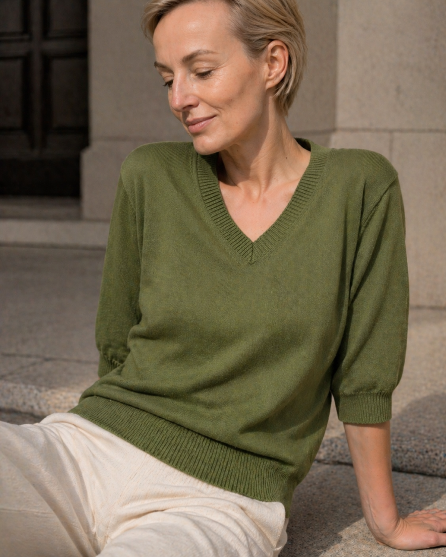 Wiskozowy sweter z rękawem do łokcia zielony khaki