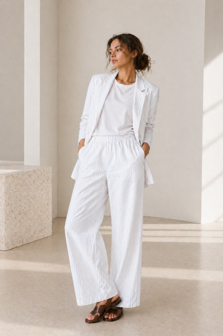 SHOP THE LOOK 7 - garnitur bawełna ecru ciepła biel w delikatne prążki - wersja z długą marynarką 