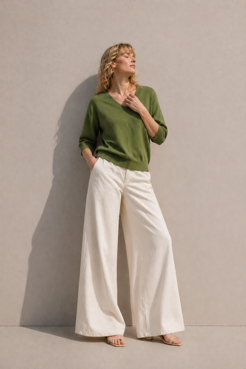 Wiskozowy sweter z rękawem do łokcia zielony khaki