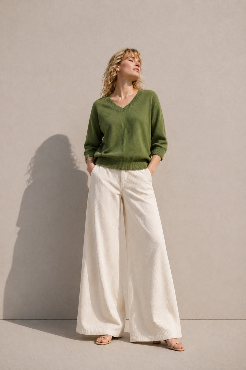 Wiskozowy sweter z rękawem do łokcia zielony khaki