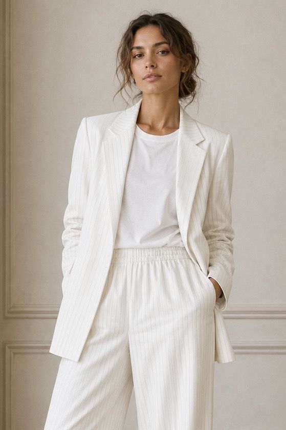 SHOP THE LOOK 7 - garnitur bawełna ecru ciepła biel w delikatne prążki - wersja z długą marynarką 