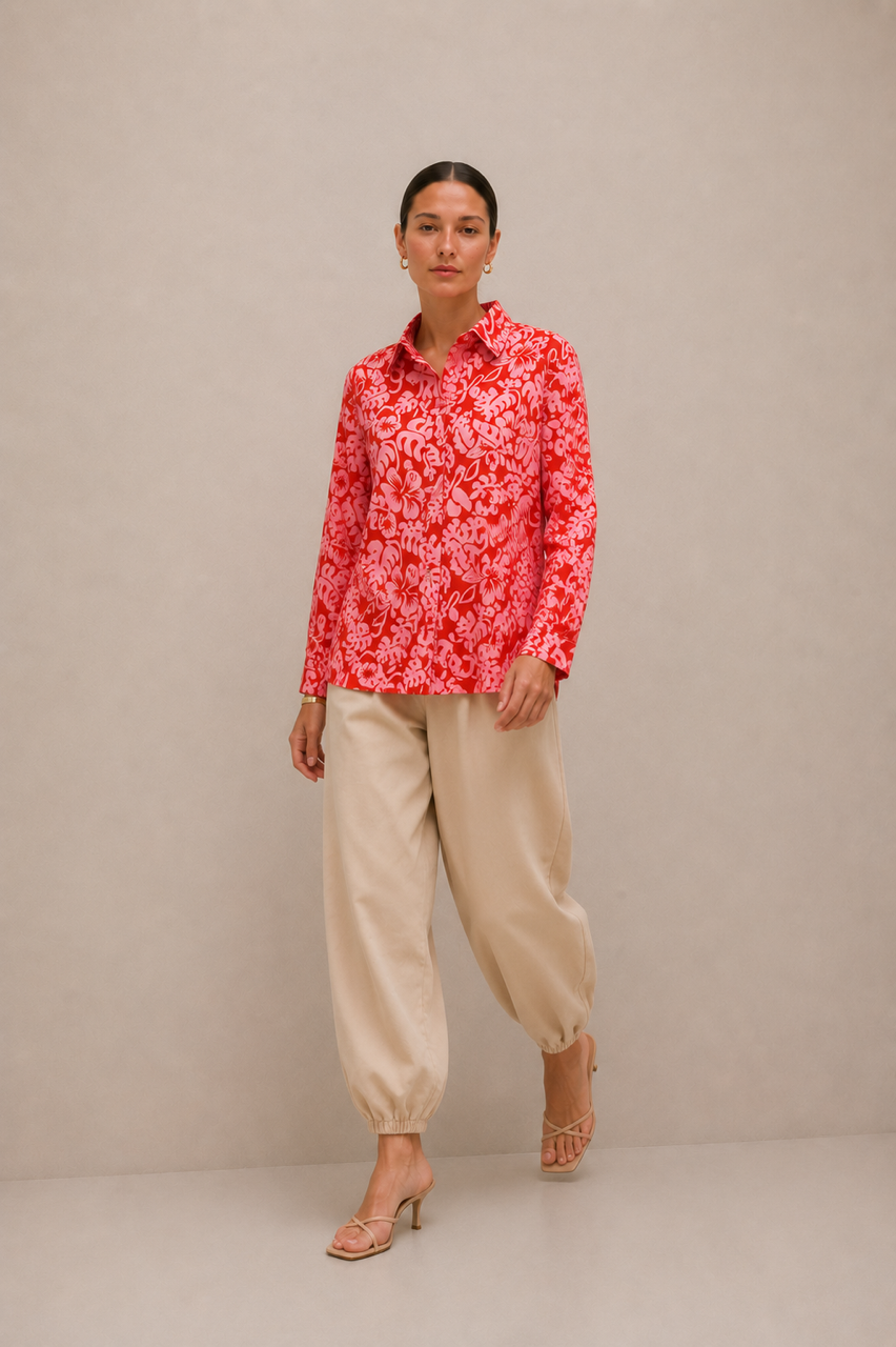 Koszula oversize bawełniana czerwona w kwiaty różowe My Style  