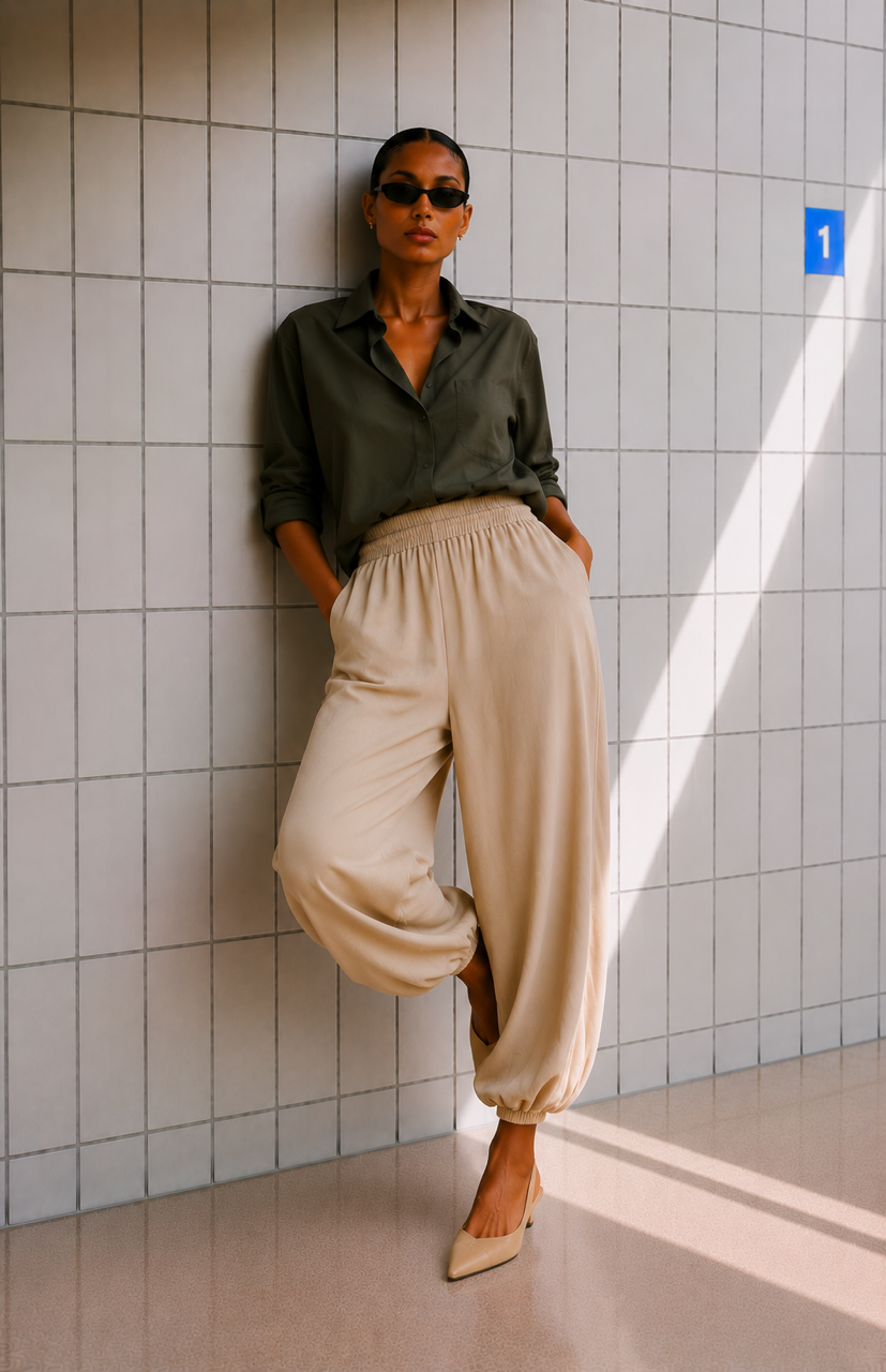 Koszula khaki oversize My Style jedwab/wiskoza z krawatem - komplet