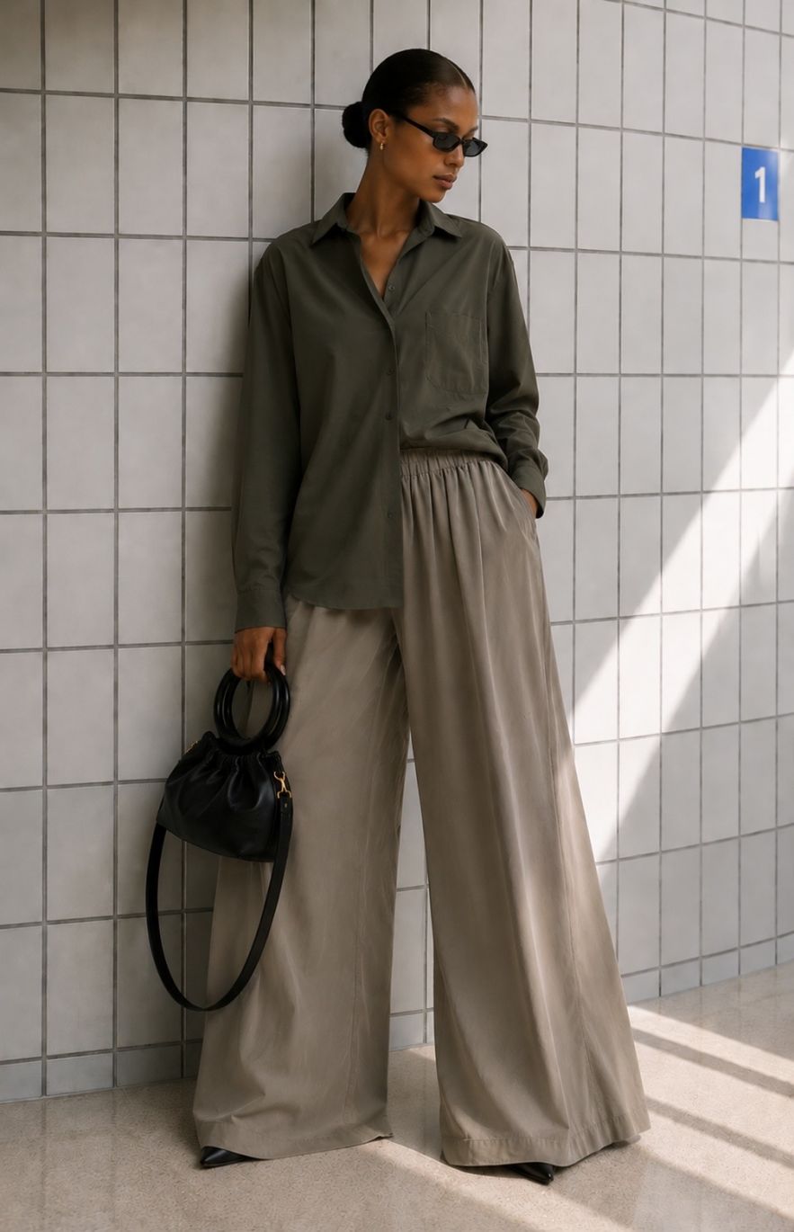 Koszula khaki oversize My Style jedwab/wiskoza z krawatem - komplet