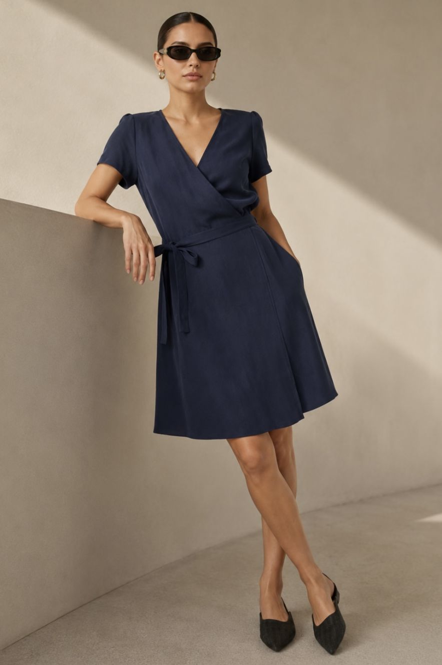 Krótka sukienka granatowa kopertowa 100% tencel