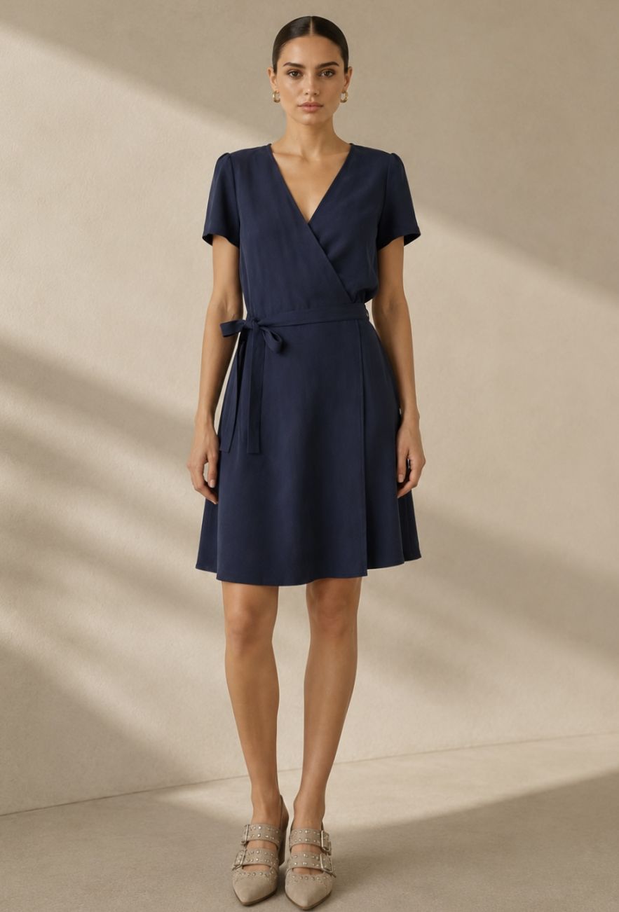 Krótka sukienka granatowa kopertowa 100% tencel