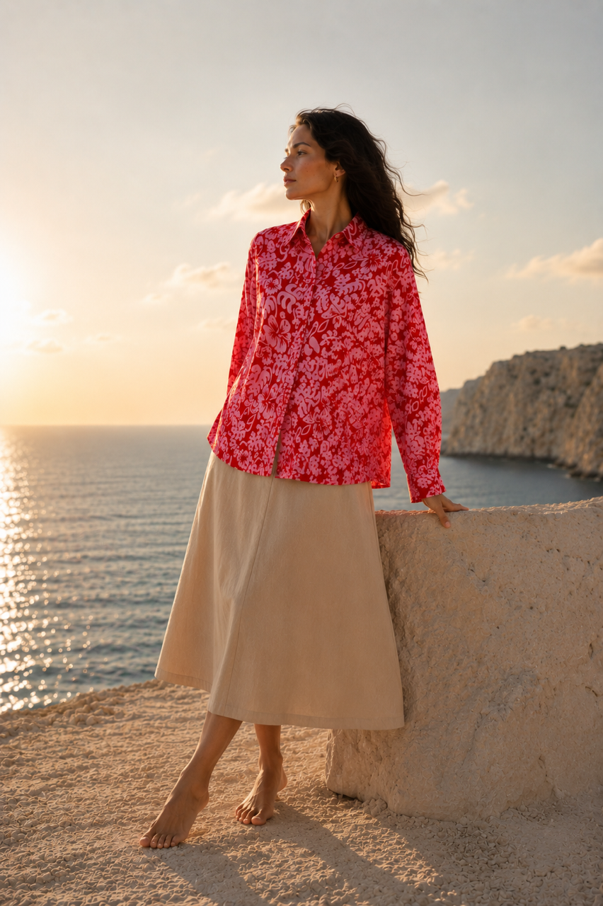 Koszula oversize bawełniana czerwona w kwiaty różowe My Style  
