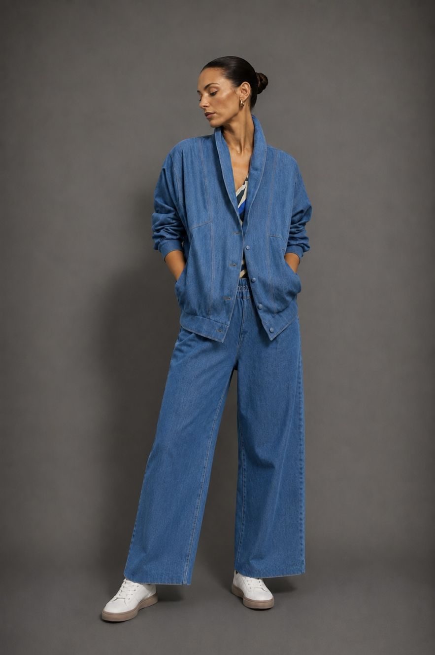 BAWEŁNIANA Kurtka jeansowa THE 70s BLUE JEANS klasyczny niebieski jeans błękit z podszewką, 4 guzikami i szerokim kołnierzem