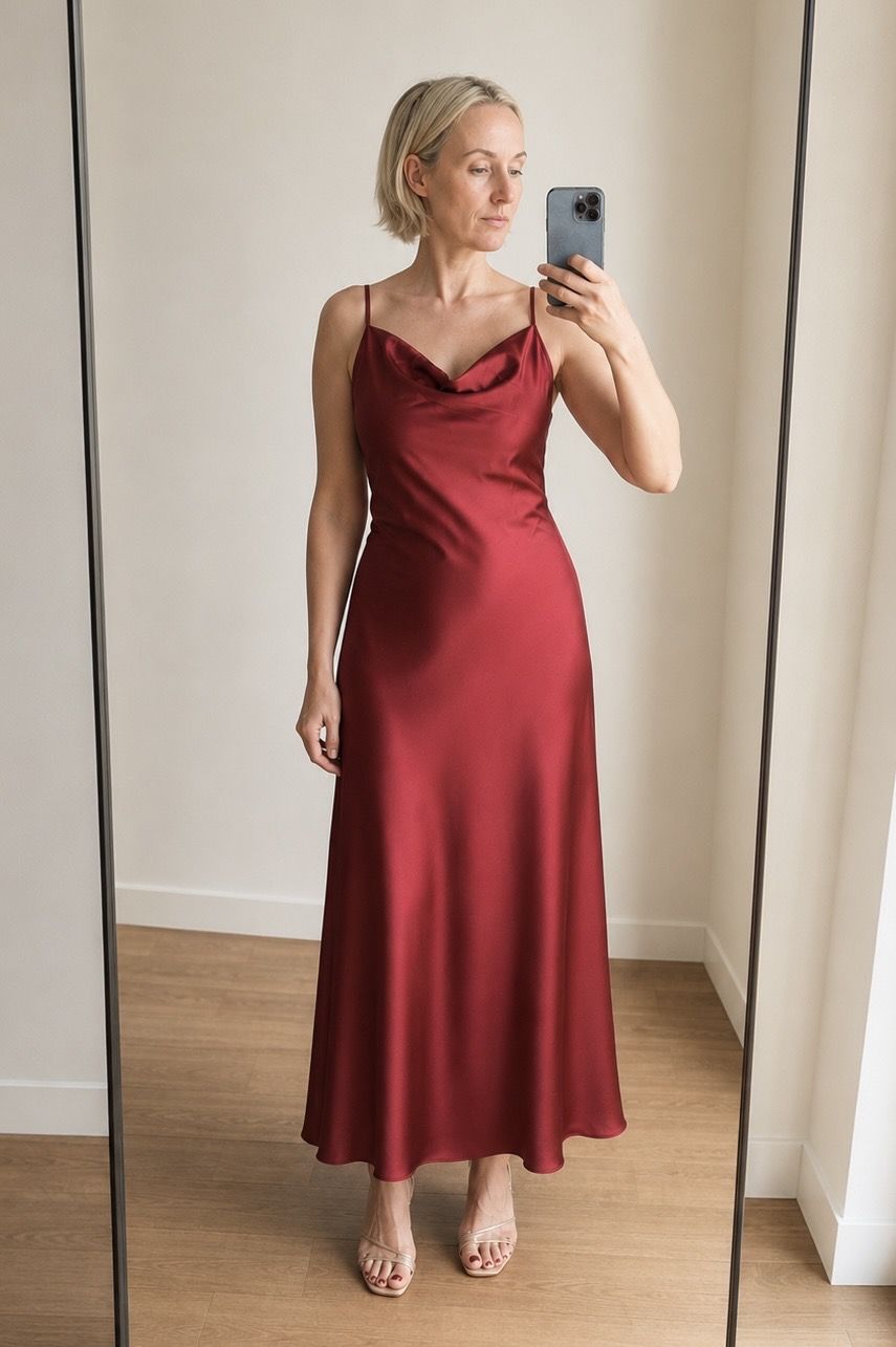 Sukienka bordowa elegancka zwiewna taliowane min z efektem wody THE FEMININE